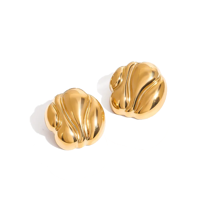 old, gold-plated statement earrings with fluid, sculptural curves inspired by organic forms; elegant and romantic with a glossy finish, reflecting Hopeless Romantic Society’s sensual, poetic aesthetic