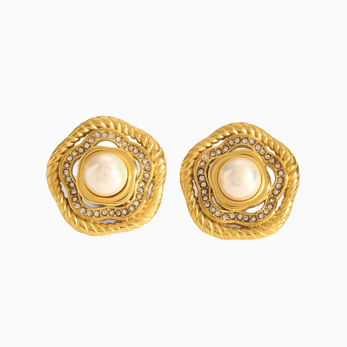 Elegant vintage-style earrings featuring a luminous pearl center, surrounded by a twisted gold-tone rope design and a delicate halo of sparkling crystals; a timeless piece evoking old-world romance and the refined charm of the Hopeless Romantic Society aesthetic
