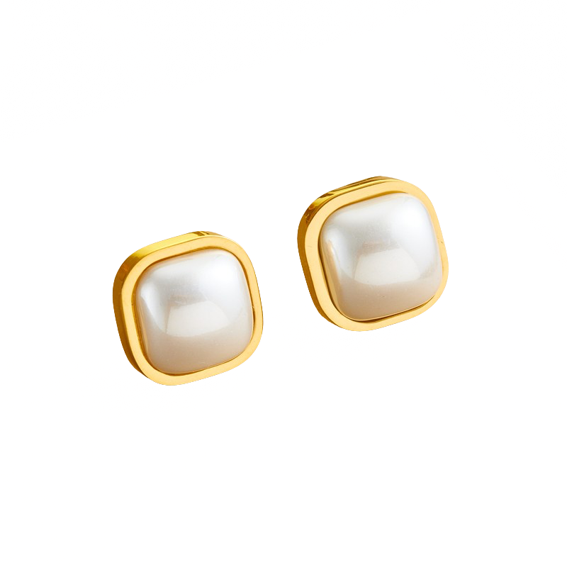 Minimalist square stud earrings featuring soft-edged, glossy pearl centre set in sleek gold-tone frames; a refined and romantic design capturing the quiet elegance and nostalgic soul of the Hopeless Romantic Society brand