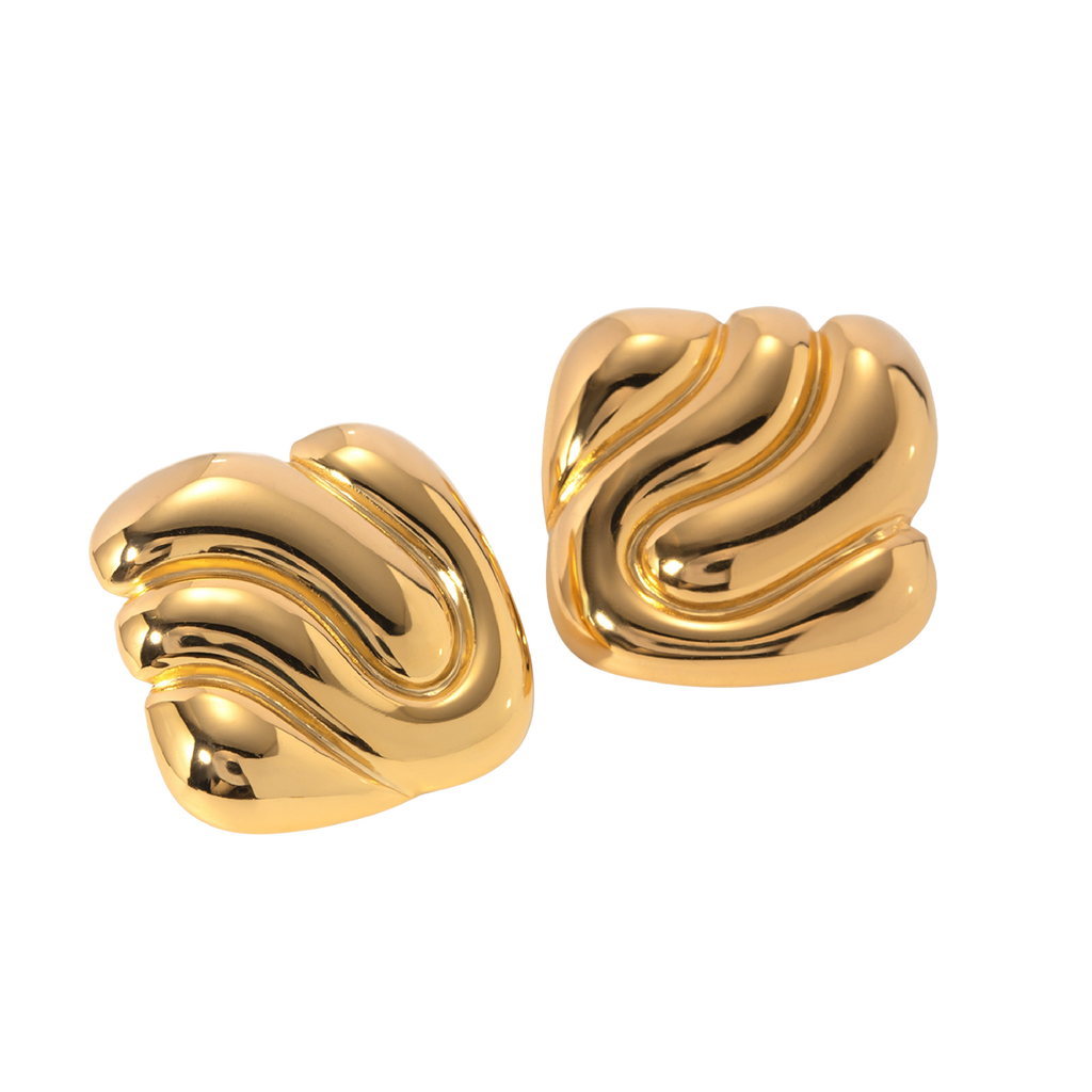Bold sculptural gold-tone earrings with fluid, wave-like curves and a high-polish finish; a striking, modern romantic design that channels the dramatic elegance and poetic intensity of the Hopeless Romantic Society aesthetic