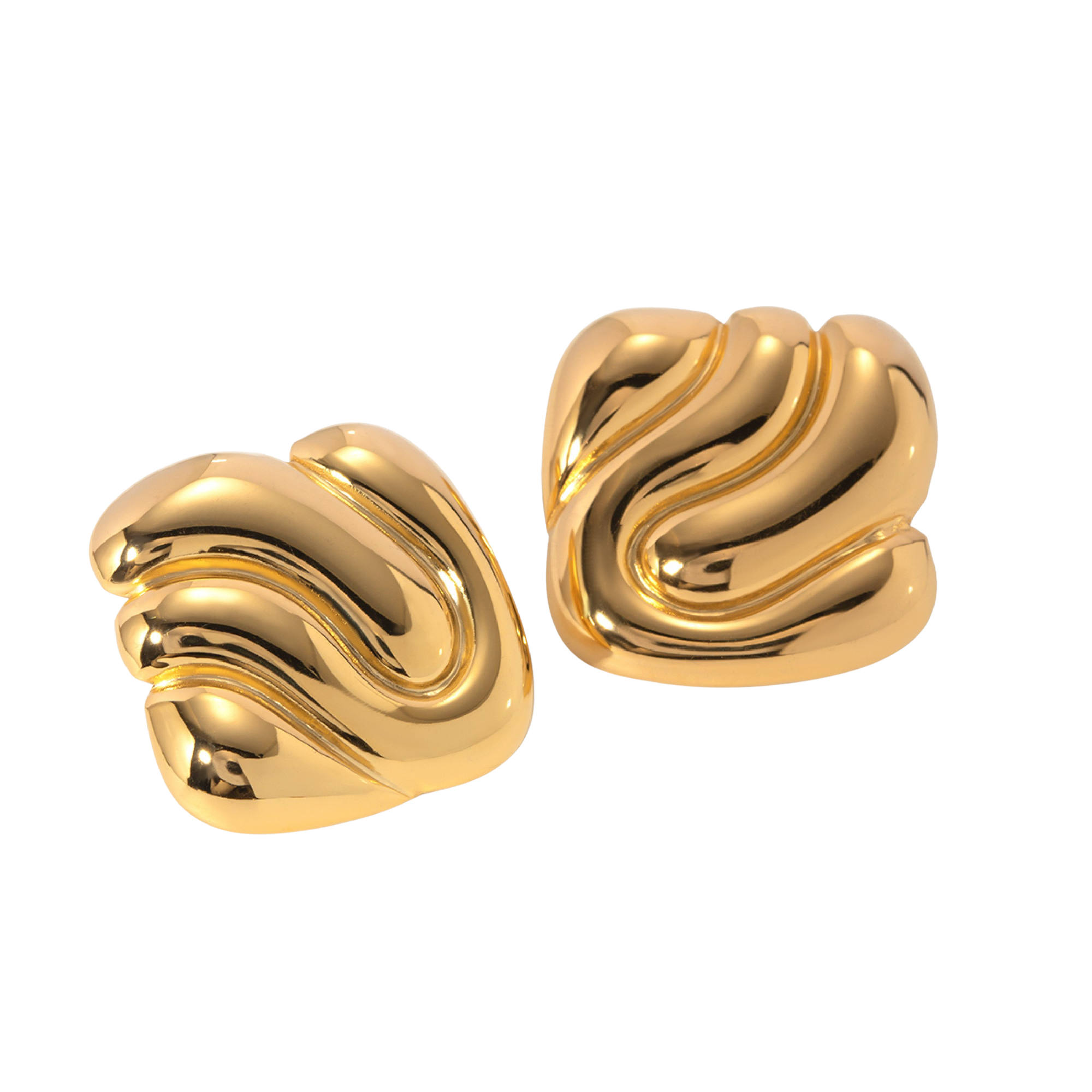 Bold sculptural gold-tone earrings with fluid, wave-like curves and a high-polish finish; a striking, modern romantic design that channels the dramatic elegance and poetic intensity of the Hopeless Romantic Society aesthetic