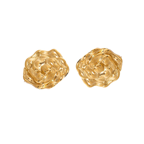 Romantic floral-inspired earrings in polished gold-tone metal, sculpted in the shape of blooming roses with fluid, petal-like contours; a delicate yet bold piece echoing the timeless, poetic beauty of the Hopeless Romantic Society ethos