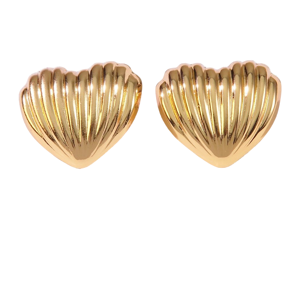 Gold-tone heart-shaped earrings with a radiant, ribbed texture and a heart-like silhouette; a luminous, seaside-inspired design that captures the wistful elegance and romantic escapism of the Hopeless Romantic Society spirit