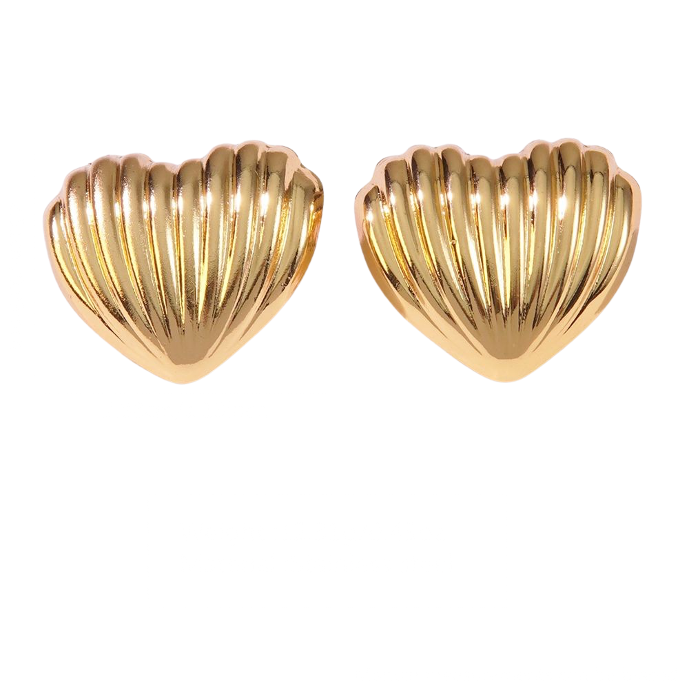 Gold-tone shell-shaped earrings with a radiant, ribbed texture and a heart-like silhouette; a luminous, seaside-inspired design that captures the wistful elegance and romantic escapism of the Hopeless Romantic Society spirit