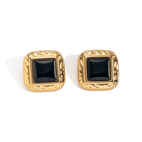Vintage-inspired gold-plated stud earrings with black enamel square centre and engraved edges; a moody, elegant design capturing the dark romance of Hopeless Romantic Society.