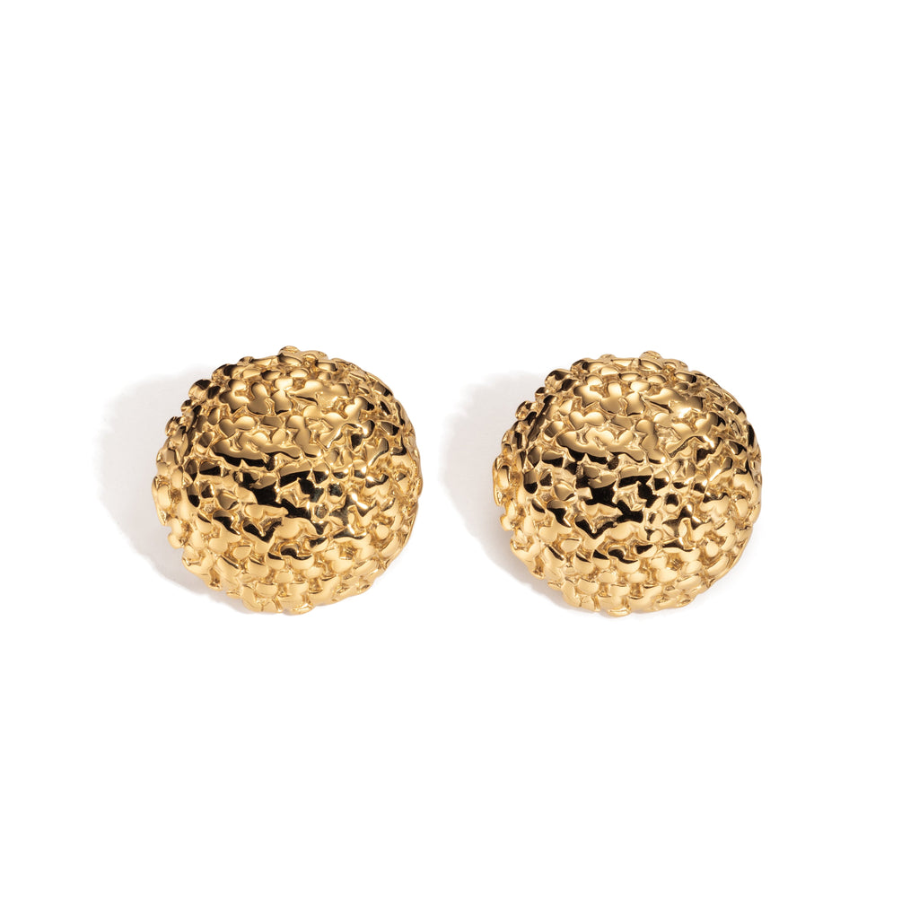 Round gold-plated dome earrings with rich hammered texture that catches the light like moonlit waves; a romantic, nostalgic creation from Hopeless Romantic Society.